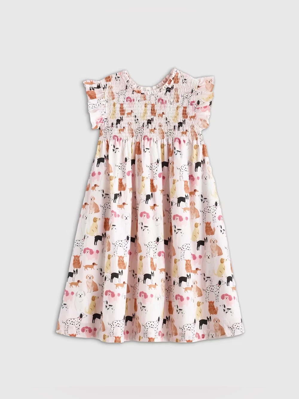 Quince Girls Sz 8 Smocked Poplin Ruffle Sleeve Pink Dog Print Tiered Dress